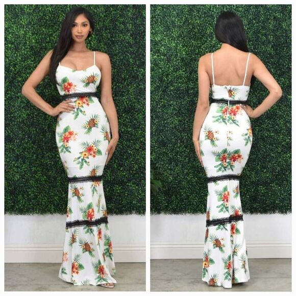 Pineapple Floral Print Lace Mermaid Maxi Dress - Picture 1 of 6